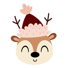 Christmas deer face clipart. Christmas animal clipart. Cute festive character. Hand draw vector illustration in flat style
