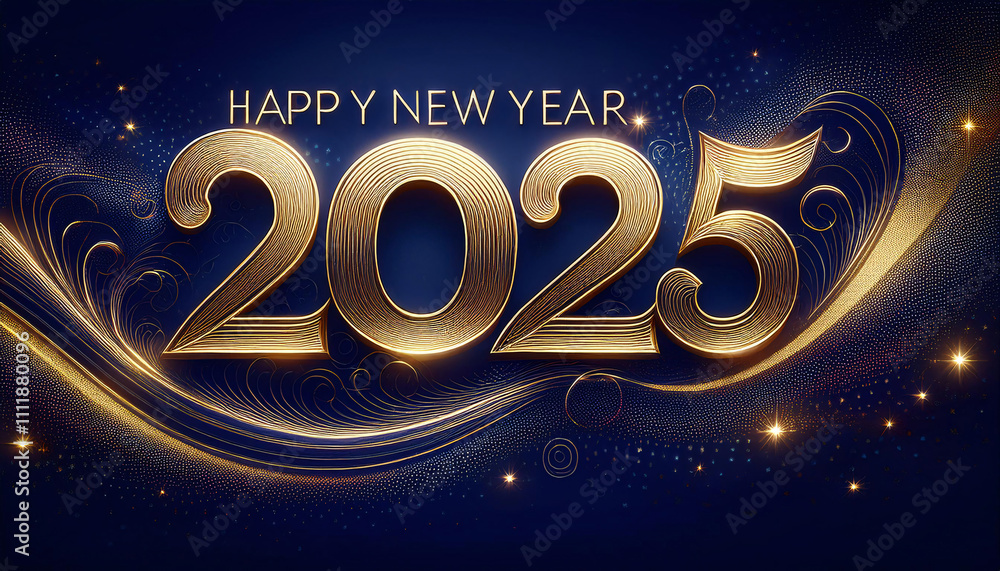 Poster golden 2025 on a dark blue background with swirling lines and stars, creating a festive and futurist