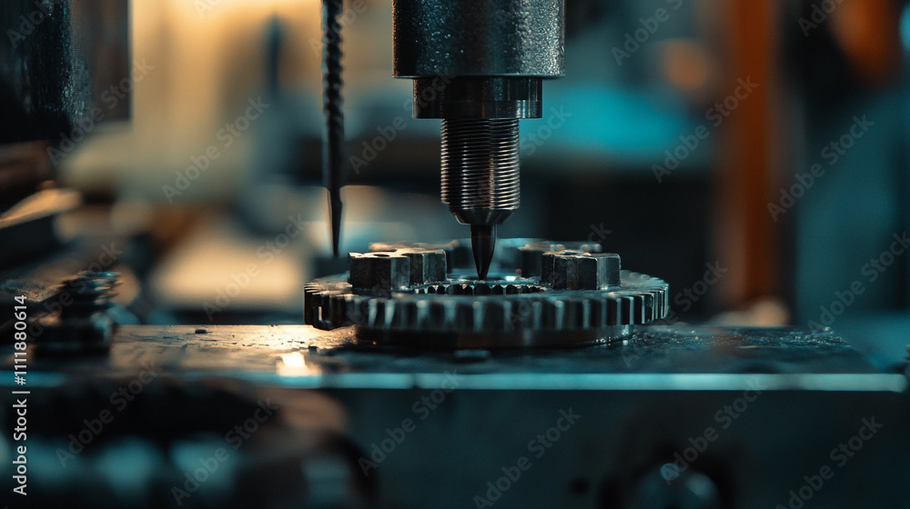 Poster precision machining process showcasing a cutting tool on a gear in a workshop environment
