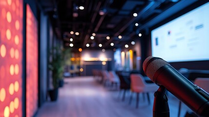 Obraz premium Digital nomad networking event, tech gear, and modern conference space