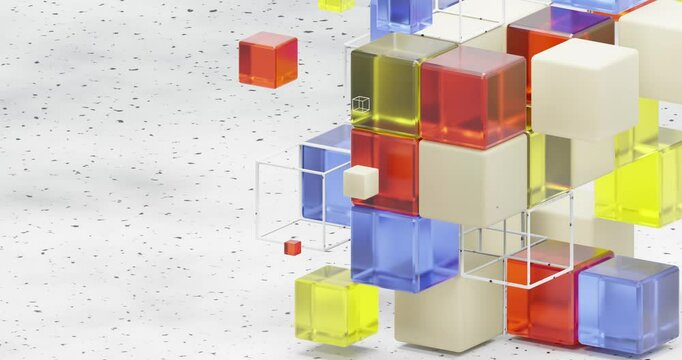 A colorful cube structure made of multicolor glass blocks. The blocks are arranged in a way that creates a sense of depth and dimension. Creativity and playfulness. 4K loop animation