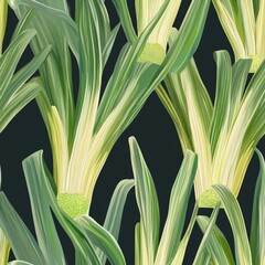 Obraz premium Seamless pattern of leeks on dark background.