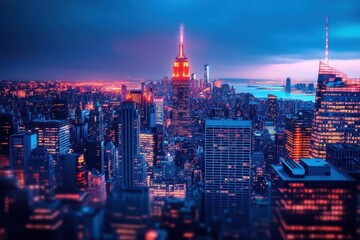 Obraz premium A vibrant cityscape at dusk featuring iconic skyscrapers and lights.