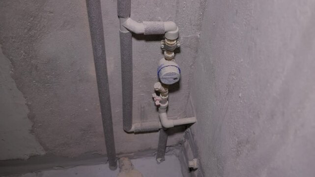 A water meter within a plumbing setting. The dusty pipes, fittings, and valves are fixed to the wall and floor, indicating interior renovation work. Is maintenance area for water supply management.