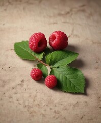 A single raspberry fruit with a leaf on a natural fiber canvas background , artsy, rustic textiles,...