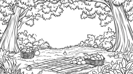 Obraz premium Fun picnic in the woodland, coloring page on white background