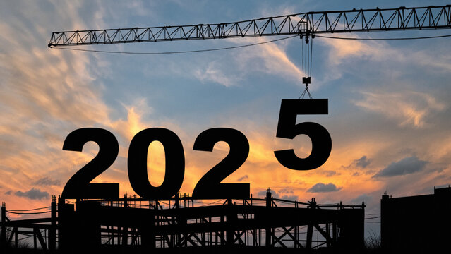 crane lifting number 5 come down to 2025 , prepare for welcome beginning new year 2025 with silhouette construction site , sunrise sky at background for start and reach new goals for year 2025.