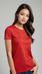 Obraz premium portrait of a beautiful female model wearing a red t-shirt with a white background