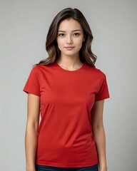 Obraz premium portrait of a beautiful female model wearing a red t-shirt with a white background