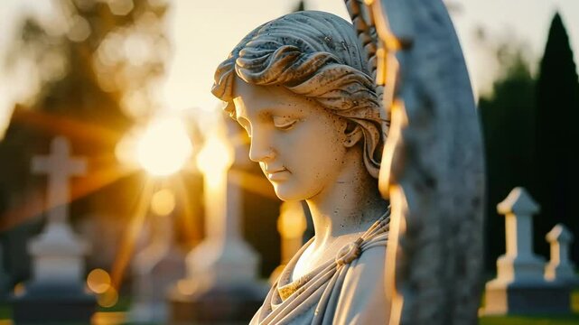 Serene stone angel statue in a cemetery during sunset, symbolizing peace and remembrance, All Souls' Day