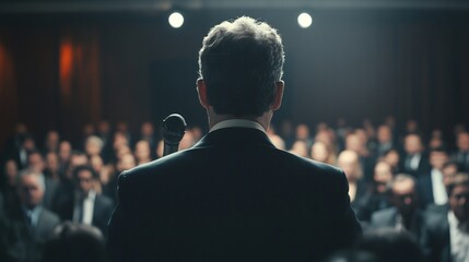 Fototapeta premium A suited speaker stands at a podium facing a large audience in a well-lit venue. The crowd listens attentively, creating a focused atmosphere during an important discussion