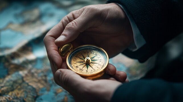 A person carefully examines a vintage compass held in their hands above an intricate map, representing preparation for an adventurous journey. The warm tones enhance the nostalgic atmosphere