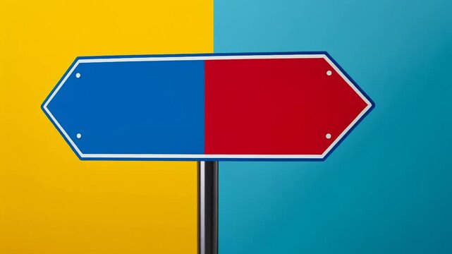 A vibrant two-toned signpost on a yellow and teal background, symbolizing direction and decision-making