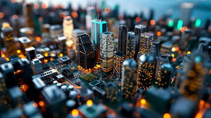 A vibrant, illuminated miniature cityscape at night, symbolizing urban life and New Year's Eve celebrations