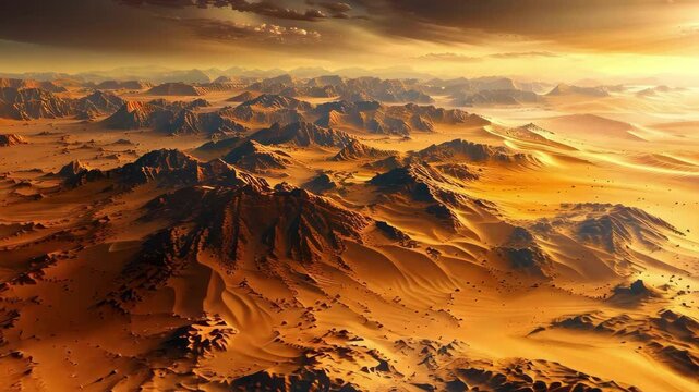 A vast desert landscape with mountains and rolling sand dunes under a dramatic sky, illuminated by warm sunlight.