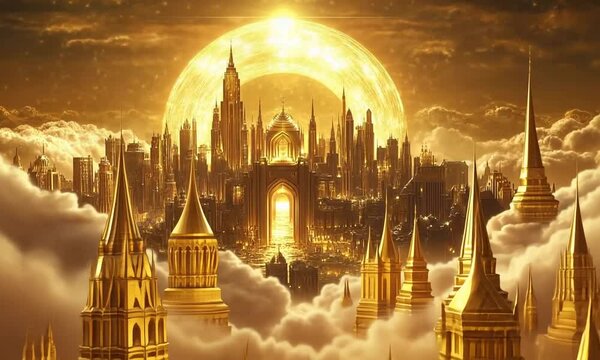 Golden City in the Clouds: A majestic and otherworldly city bathed in golden light, with towering spires piercing the clouds beneath a giant, radiant sun.