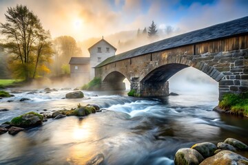Obraz premium Foggy Landscape Backgrounds - Nature, Cities, and Village Scenes in Mist