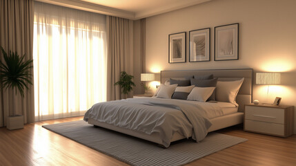 cozy bedroom in an apartment, featuring a modern design and a soothing color palette. The room includes a comfortable bed with plush pillows and a soft duvet in muted tones like soft greys and beiges.