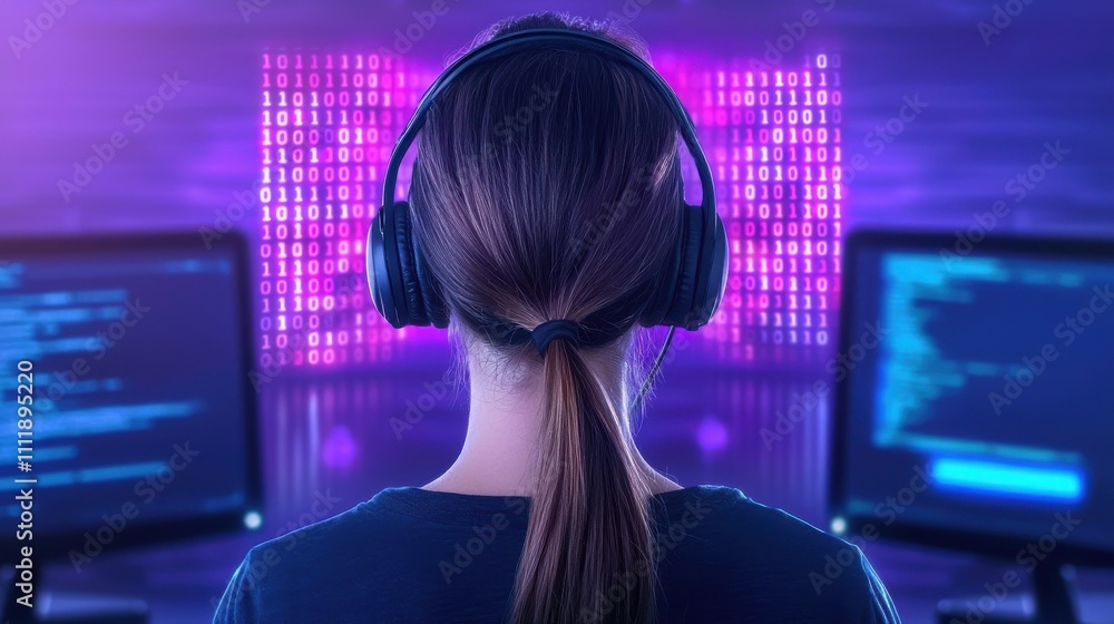 Aufkleber woman coding with headset in tech workspace digital environment