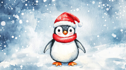 Cute little penguin in winter snowy landskap - ,watercolor art with copy space