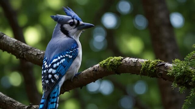 Nature Animation. A blue jay perched on a branch, its striking blue feathers and markings creating a beautiful contrast with the lush greenery. Realistic motion.