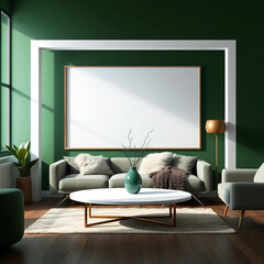 Mock-up Frame in a Dark Green Lounge with Sofa, Fur Decor, and Vase of Branches - 3D Render
