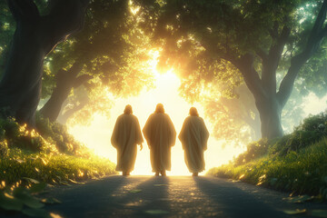 3D Jesus with Disciples on the Road to Emmaus, Glowing Paths and Radiant Trees, White Background
