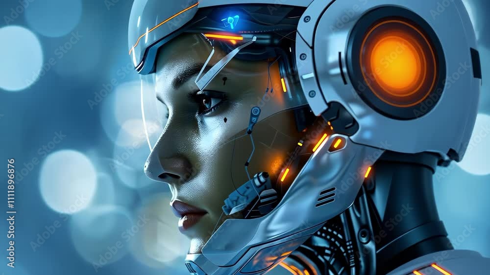 Poster a futuristic humanoid robot with intricate mechanical features and a sleek design, set against a vib