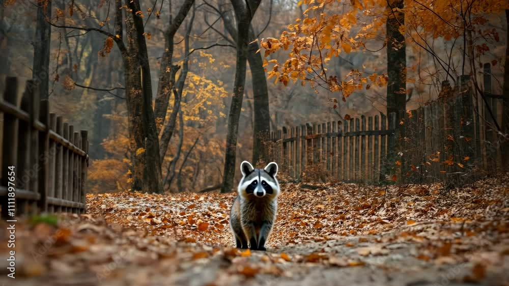 Poster Raccoon exploring a forest path lined with autumn leaves in a serene setting