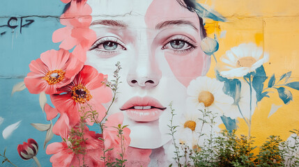 Colorful mural of a woman's face blended with vibrant flowers and artistic elements on a wall