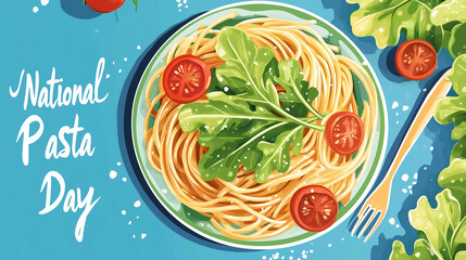 National Pasta Day illustration featuring a plate of spaghetti with arugula, tomatoes, and festive elements