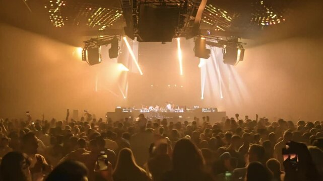 Live Music Concert, Nightlife Party Crowd Cheering, DJ on Stage, Laser Show