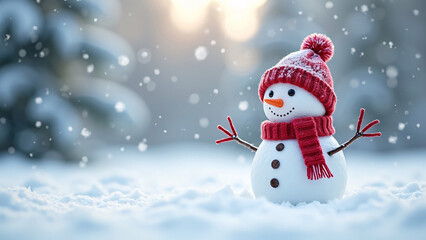 Obraz premium Small Snowman with a Winter Hat and Scarf in Snow