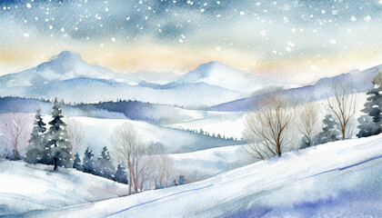 Obraz premium Watercolor Winter Landscape With Snowy Hills And Trees