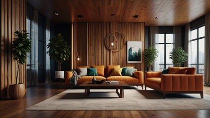 3d rendering wood modern living room and dining room