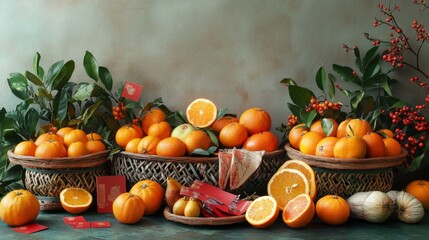 Artistic Arrangement of Traditional Chinese New Year Oranges and Decor