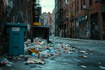 Urban alley; overflowing trash; littered street.