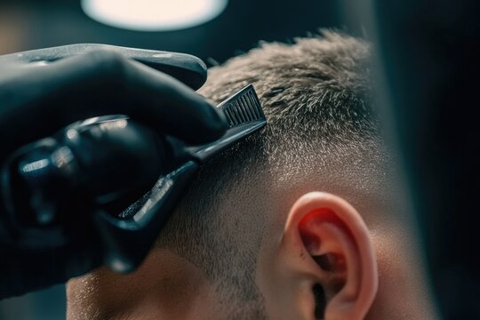 A barber uses a clipper to trim a man's hair  creating a sharp  clean cut. - Powered by Adobe