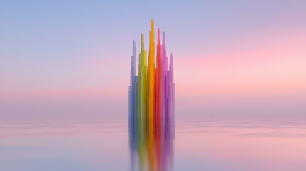 Obraz premium Serene Rainbow Cityscape Calm Waters Pastel Sunset Abstract Architecture