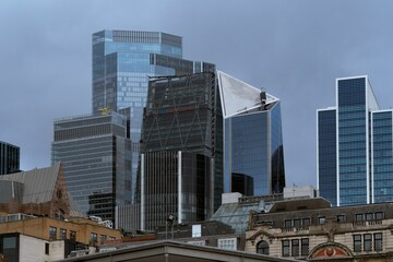 Modern skyscrapers in London's financial district.