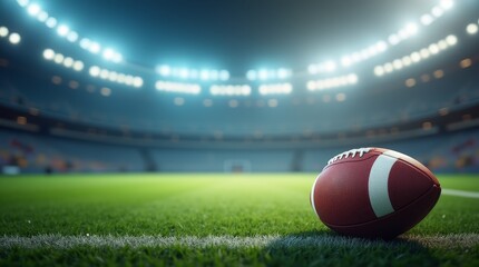 American football lying on green grass field in illuminated stadium. Sports scene with focus on ball, copy space