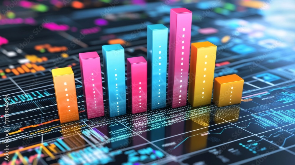 Leinwandbilder Colorful Bar Graph Display on Digital Background with Data Elements