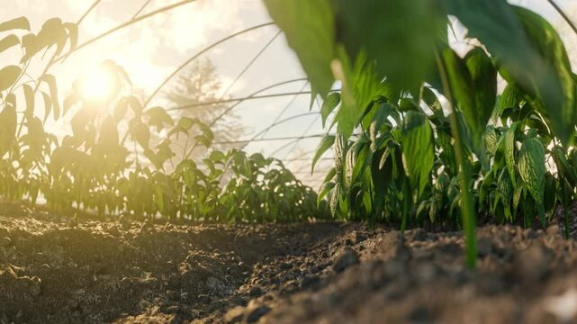 Smooth camera shot inside a foil greenhouse filled with rows of growing plants, such as basil. Warm sunlight filters through the foil, creating a natural and organic atmosphere.