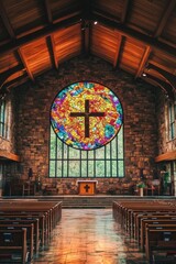 Obraz premium Interior of a church featuring a vibrant stained glass window.