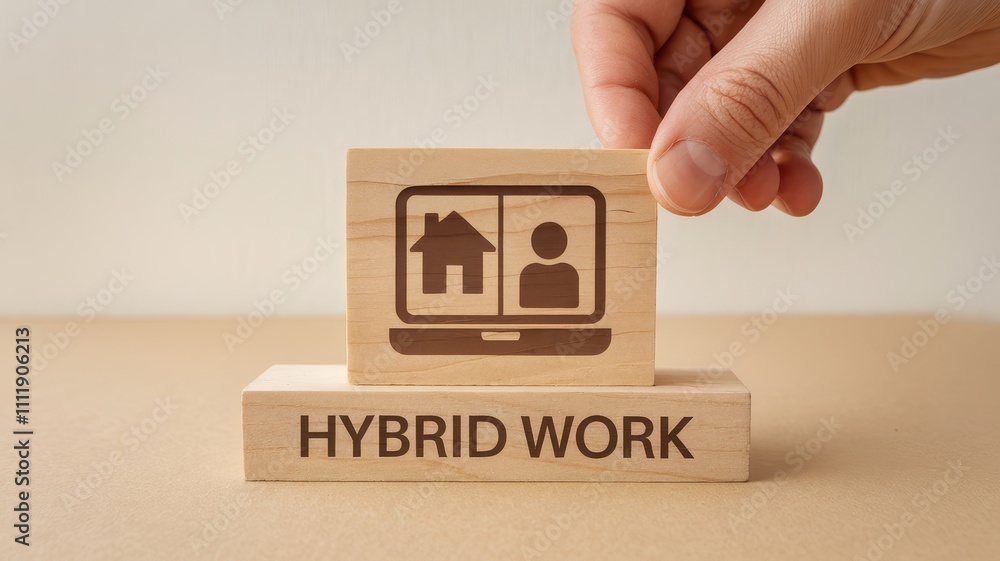 Poster hybrid work concept showcased with wooden blocks depicting desk icon and hand gesture symbolizing th