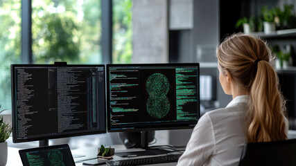 Female programmer sitting at her desk in a modern office environment, surrounded by two large monitors displaying lines of code. Shot from behind.