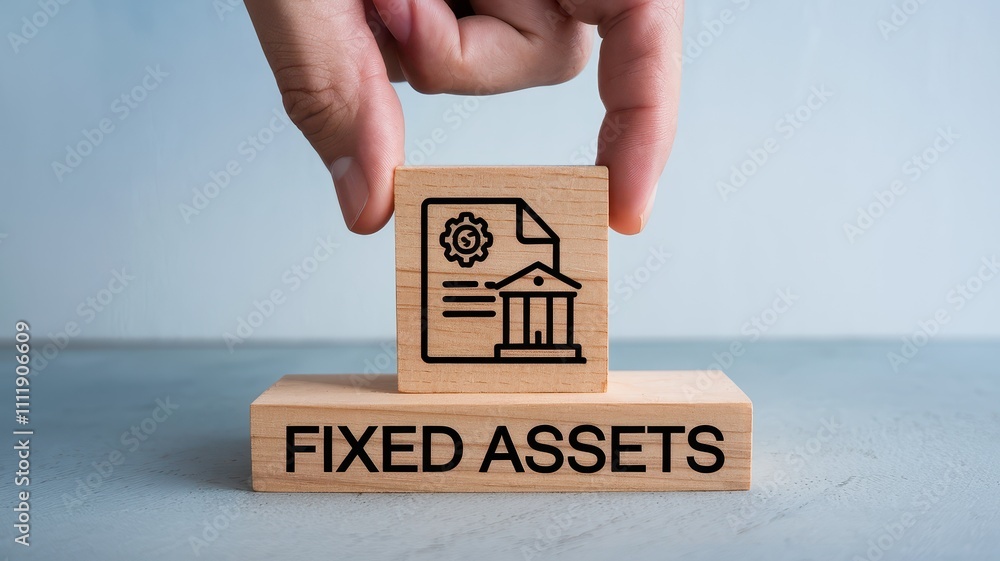 Aufkleber wooden blocks with the text fixed assets printed on them representing the concept of investments fin