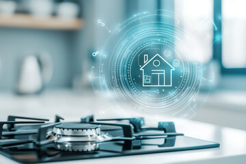 futuristic smart home interface displayed on kitchen stove, showcasing advanced technology and connectivity. This innovative design enhances modern living