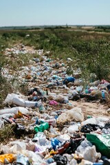 Plastic waste litters dirt path, field background.