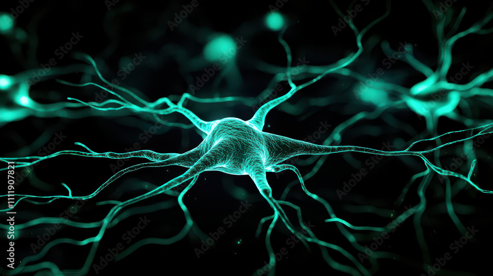 Poster glowing digital network with interconnected nodes representing neurons, showcasing intricate details